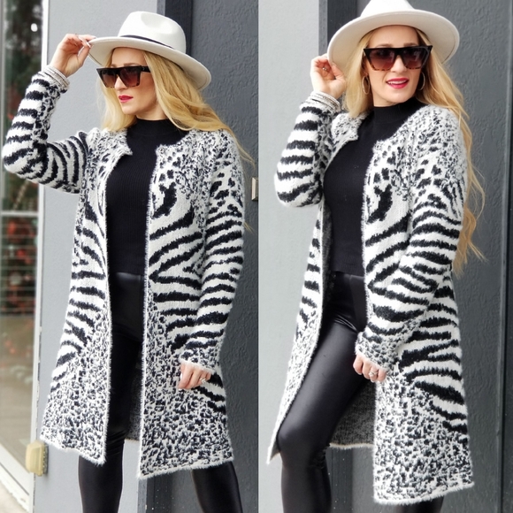 SO SOFT Fuzzy Animal Print Cardigan Long Sleeve - Picture 2 of 5